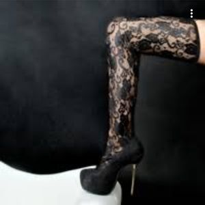 Thigh high sexy lace  high heel boots with ribbon design